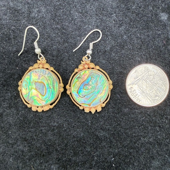Vintage Silver Gold-tone Alchemia Abalone Shell Drop Earrings Iridescent Green - Picture 3 of 3